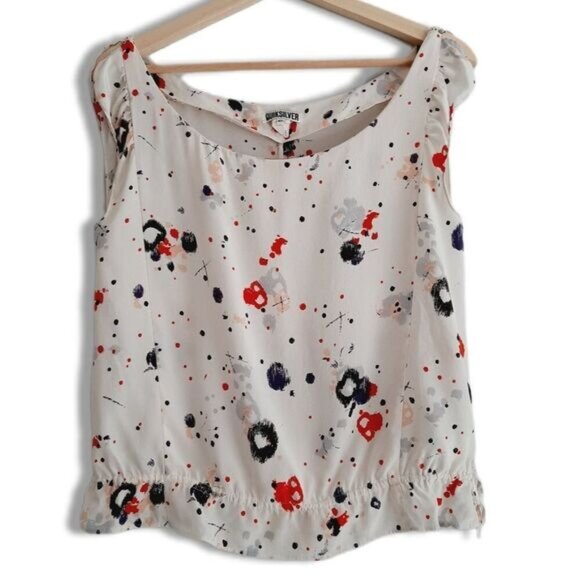 QUICKSILVER 100% Silk Tie Belt Hem Tank Top Ruffle Detail Abstract Sz S - Picture 1 of 10